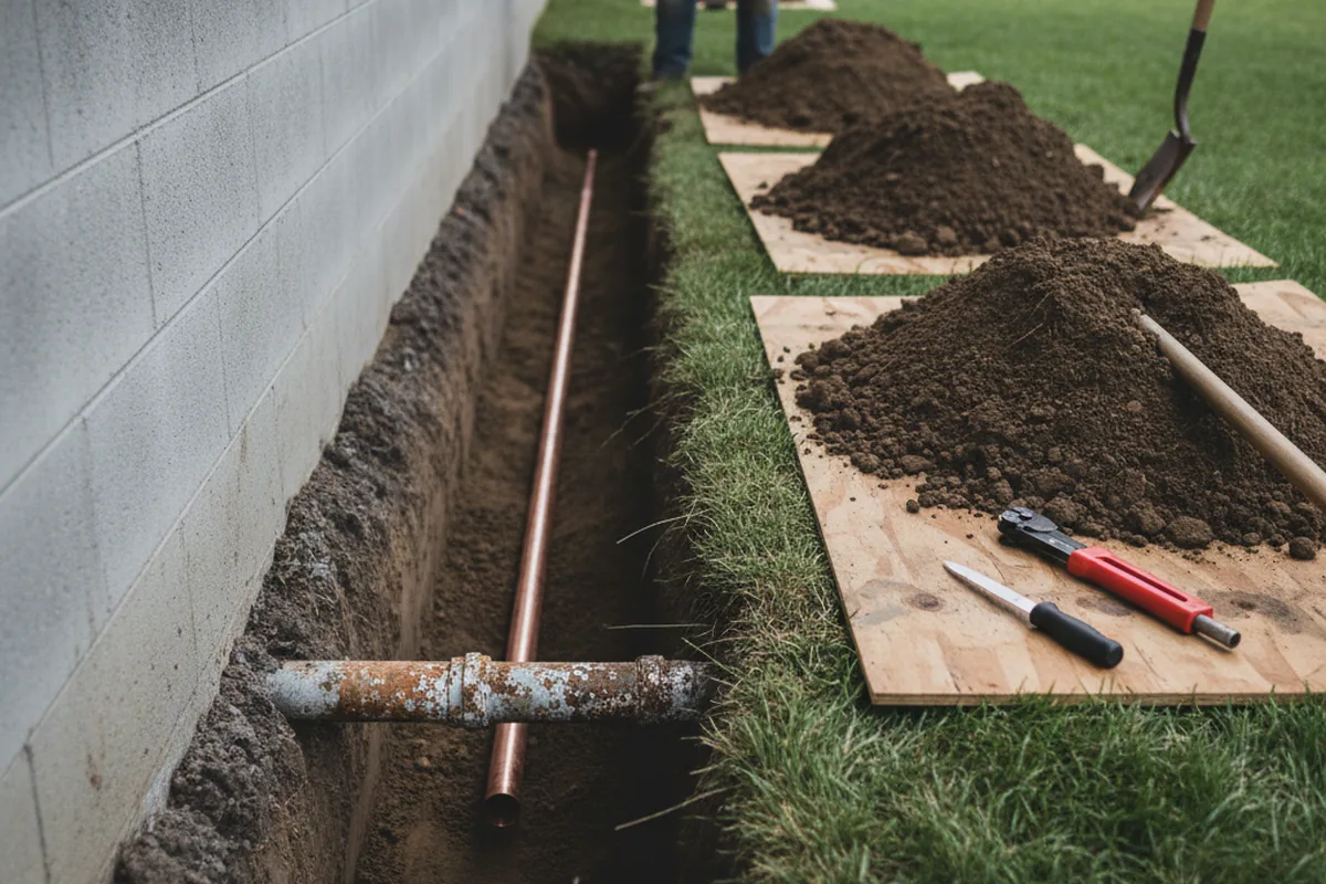 Excavated water line trench during Water Softener Installation in Cedarville